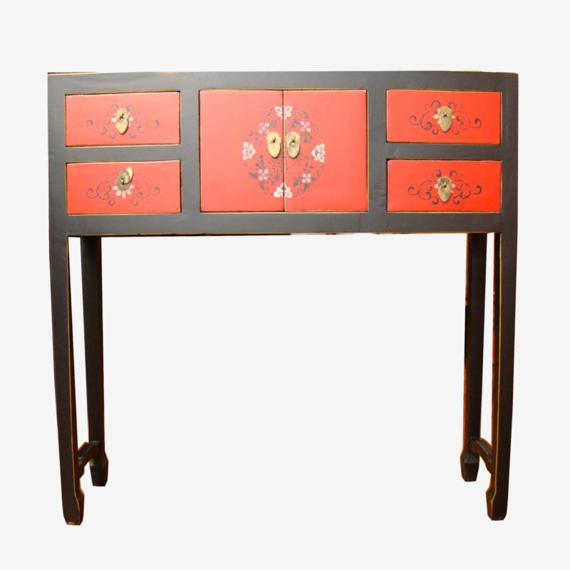 Oriental Chinese Red And Black Sideboard/Console
