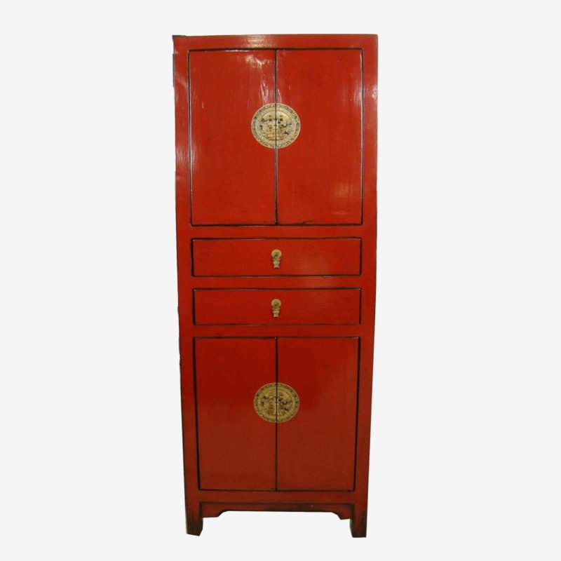 Slim Tall Oriental Chinese Cabinet In Red