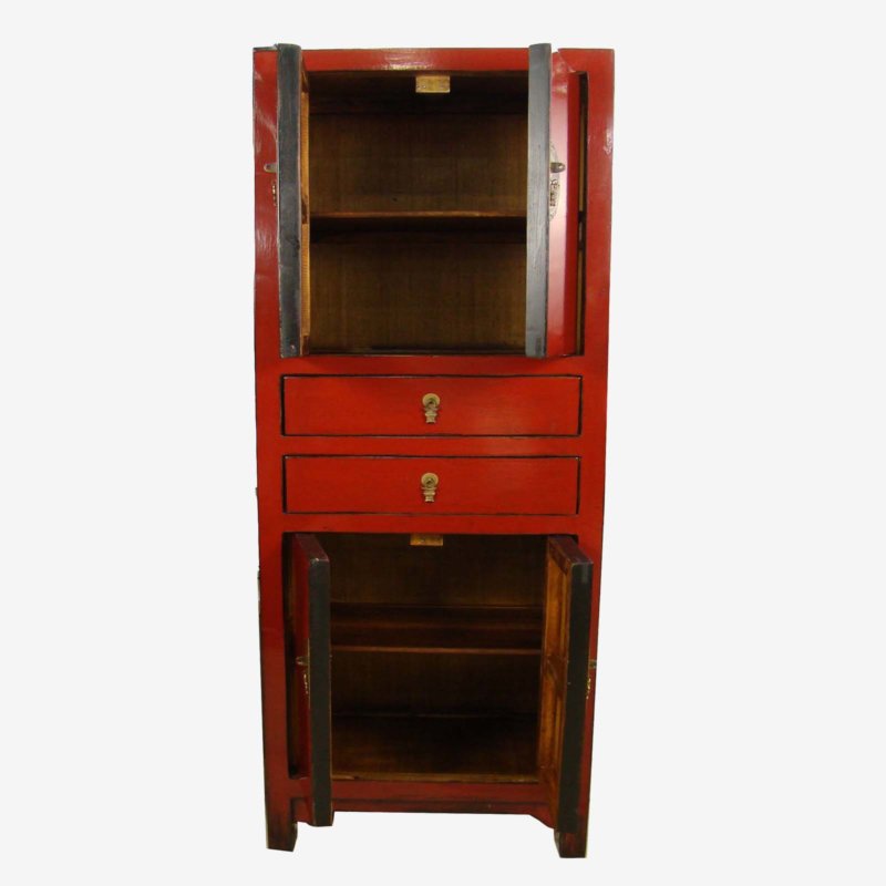 Slim Tall Oriental Chinese Cabinet In Red