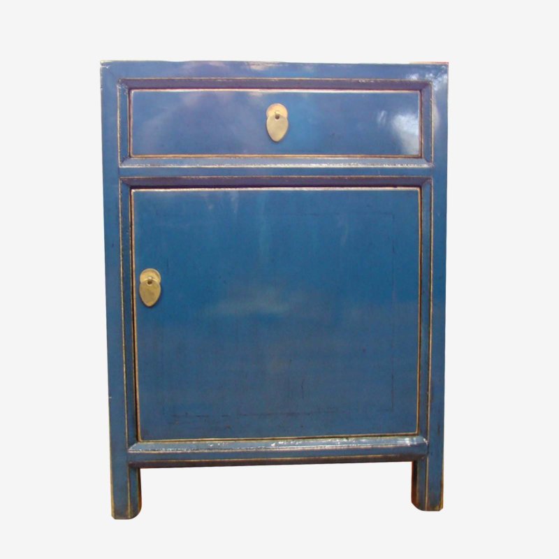 Oriental Chinese Bedside Cabinet In Blue Gloss