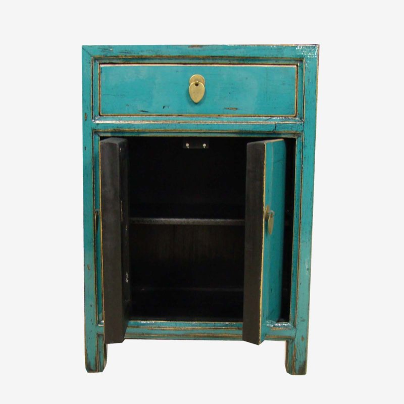 Oriental Chinese Bedside Cabinet In Teal Gloss