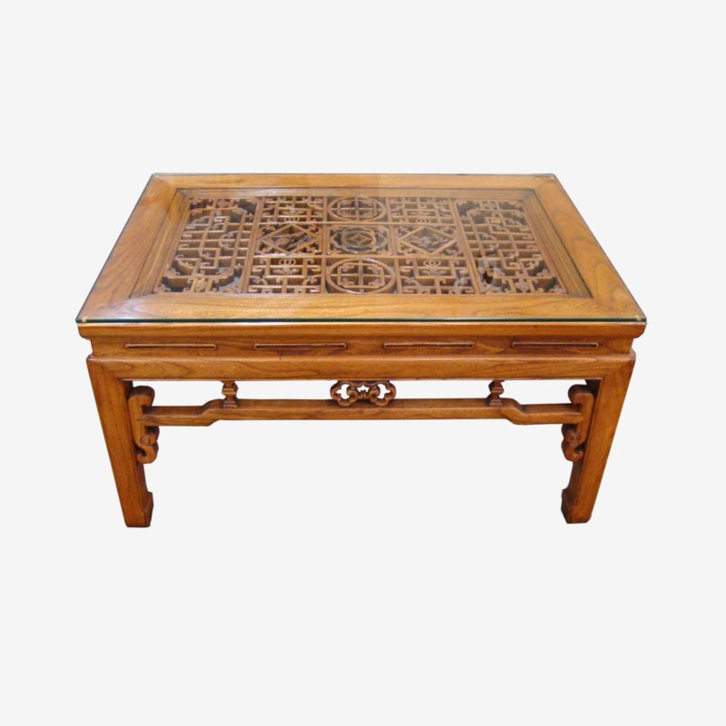 Oriental Chinese Coffee Table With Glass Top