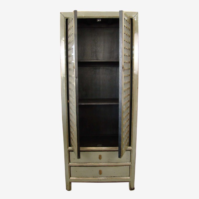 Chinese Tall Cabinet With Latice Doors In Grey