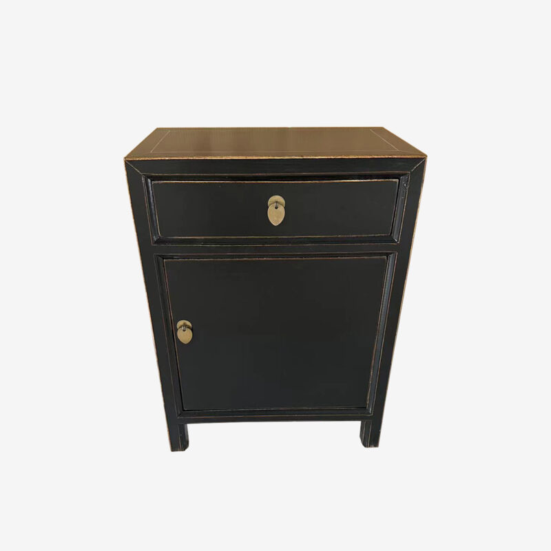 Oriental Chinese Bedside Cabinet - Black Satin Finish